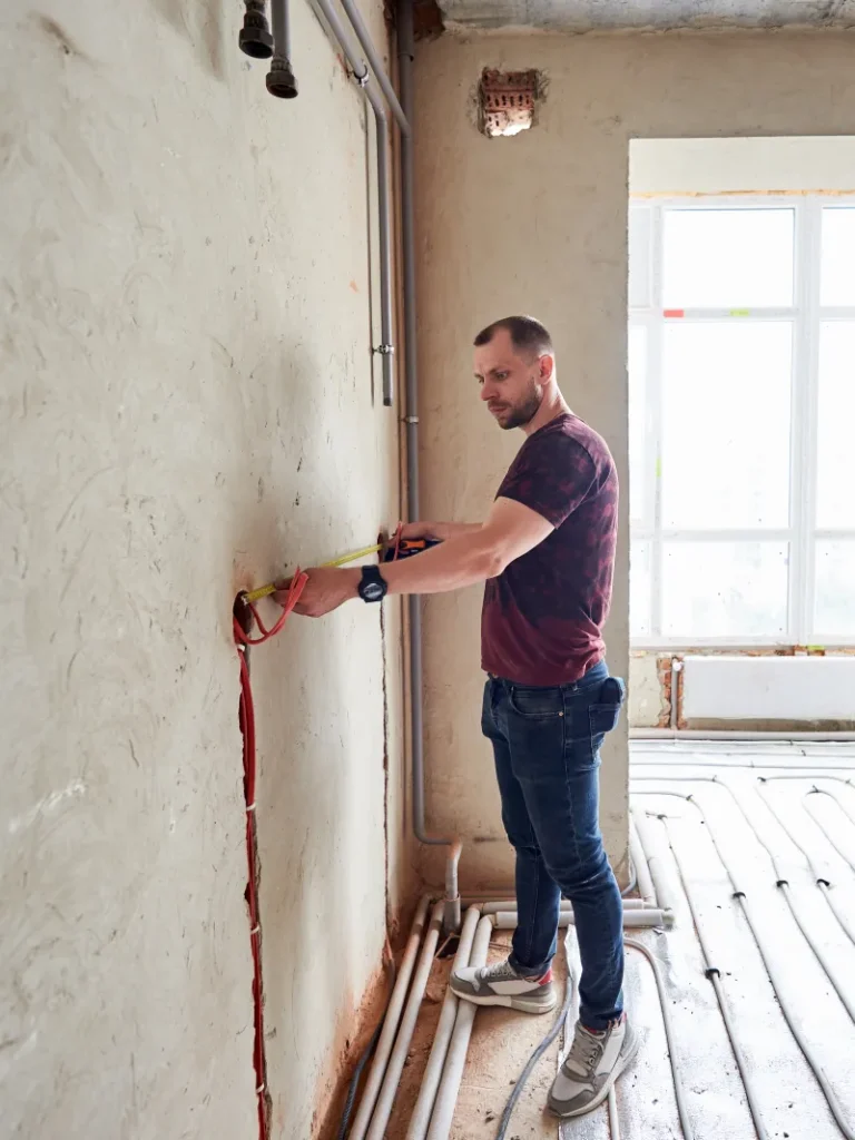 Tradesman measuring inside a property under construction
