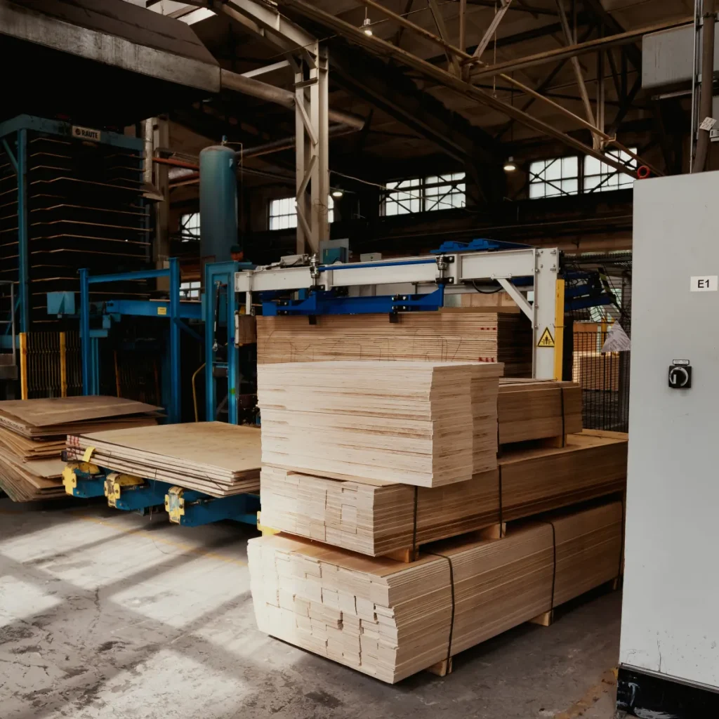 Stacks of plywood sheets in a warehouse
