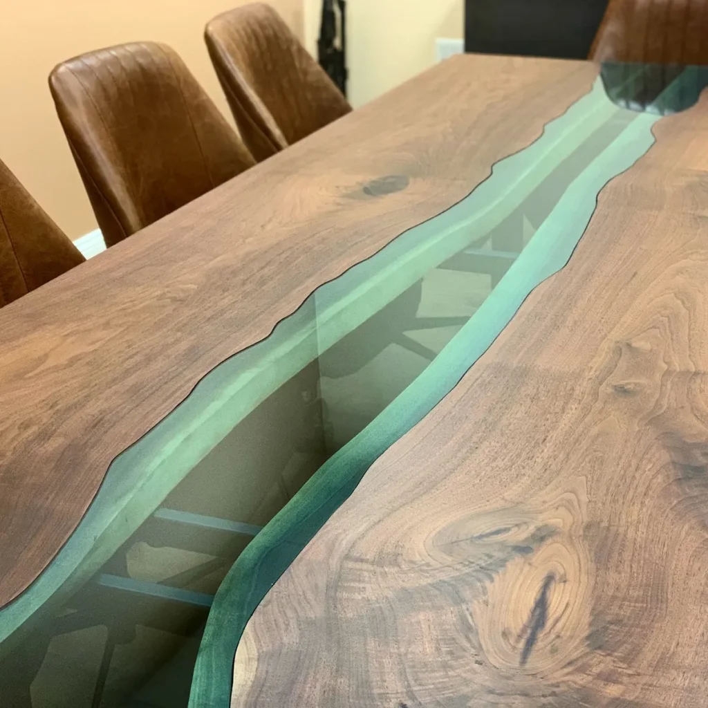 Elegant handcrafted wooden table with a glass centrepiece