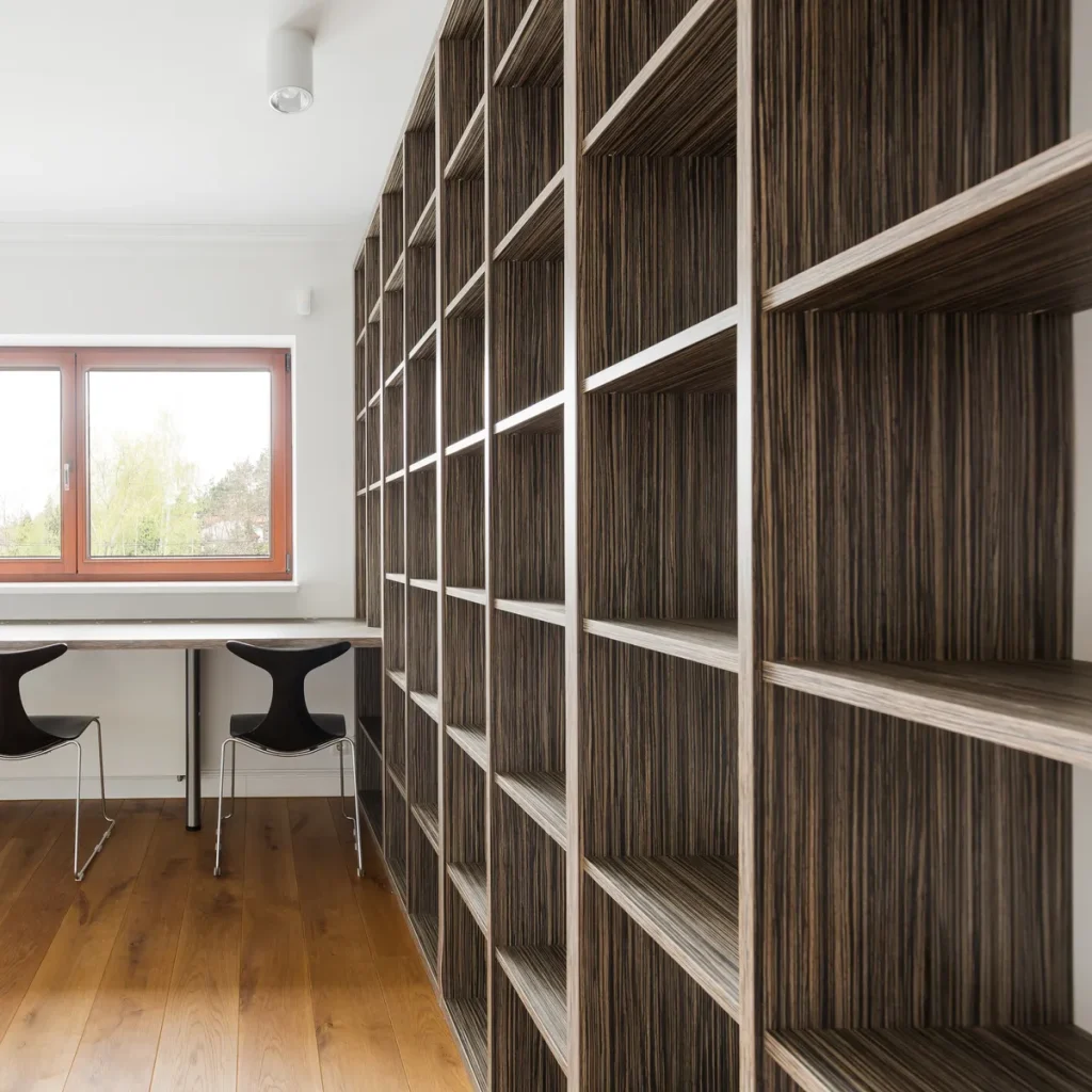Fitted wooden shelving in a modern home