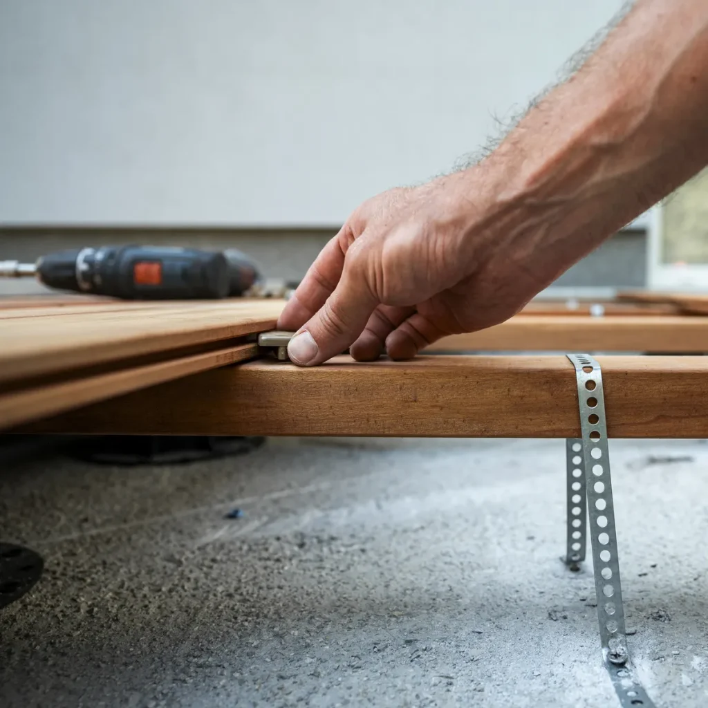 Craftsperson assembling wooden decking with a power tool